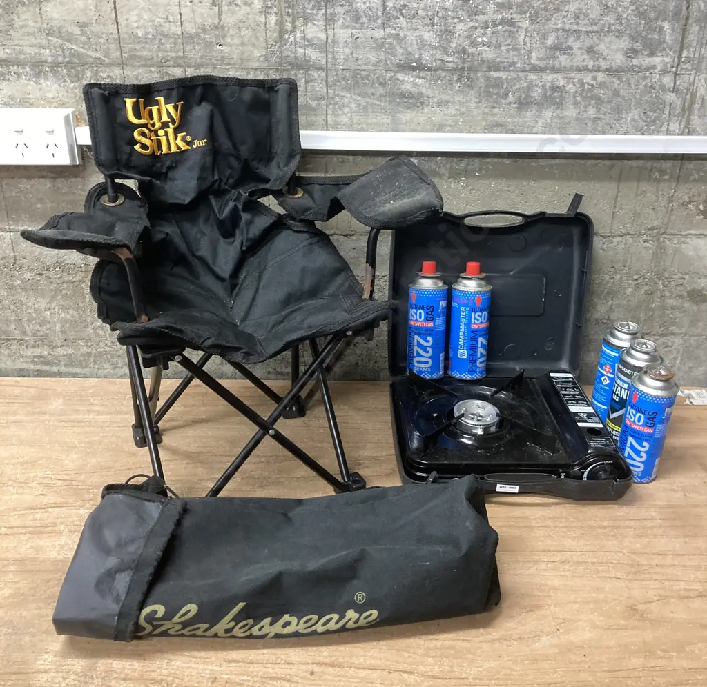 Shakespeare Ugly Stik Jnr Folding Camp Chair, Escape Portable Gas Stove With 5 x 220g Butane Gas Cartridges (3 Used) Image 1++